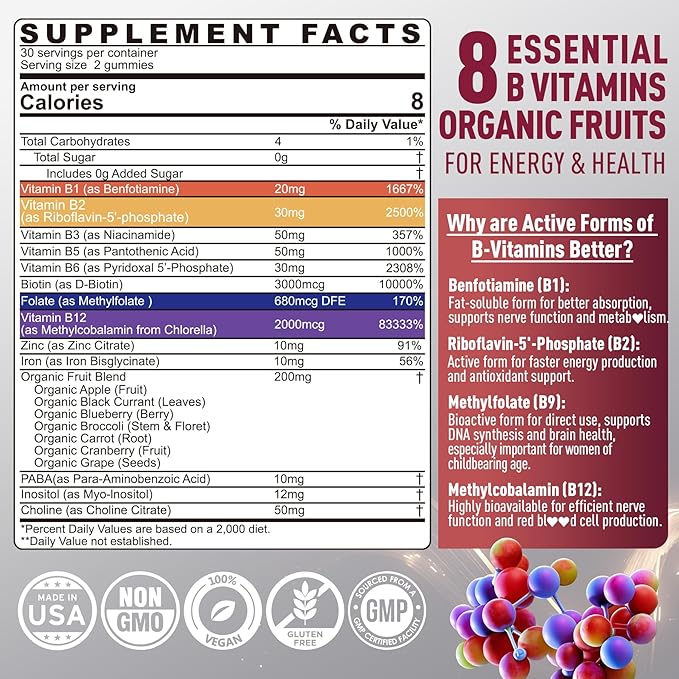 Super Methylated B Complex Vitamin Gummies – All B Vitamins + Inositol, Biotin, PABA, Iron, Choline for Women & Men, Methyl B12 2000 mcg, Folate, B1,B2,B3,B5,B6,B7, Supports MTHFR Gene & Energy, 60 Ct
