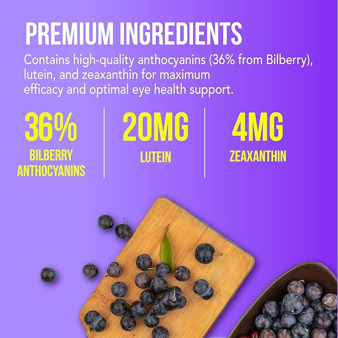 NANOWELL EyeCare Anthocyanins 100 - Eye Health Supplement with Bilberry, Zeaxanthin, Lutein, Anthocyanins, Vitamin A, E, Selenium & Copper - 60 Softgels, 60 Day Supply
