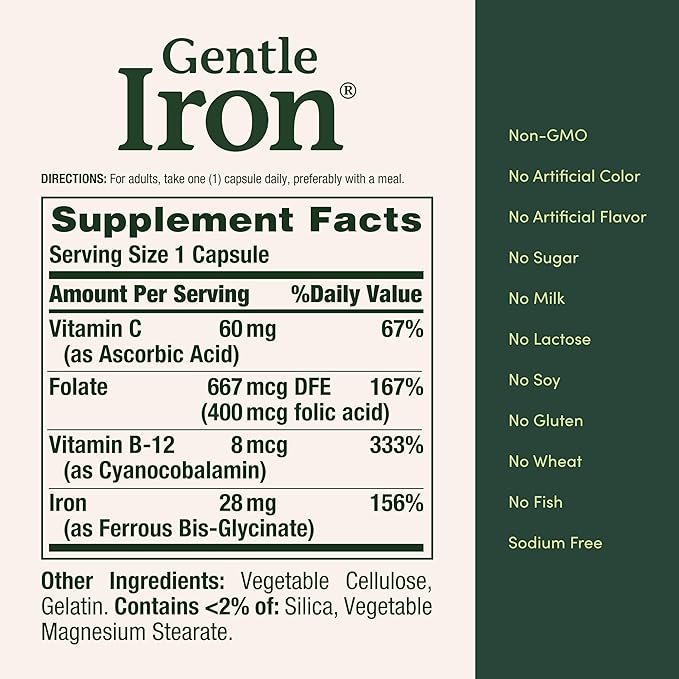 Nature’s Bounty Gentle Iron 28 mg Capsules with Vitamin C, Folic Acid, Vitamin B-12 Iron Supplement, Non-GMO, Gluten-Free, 90 Count