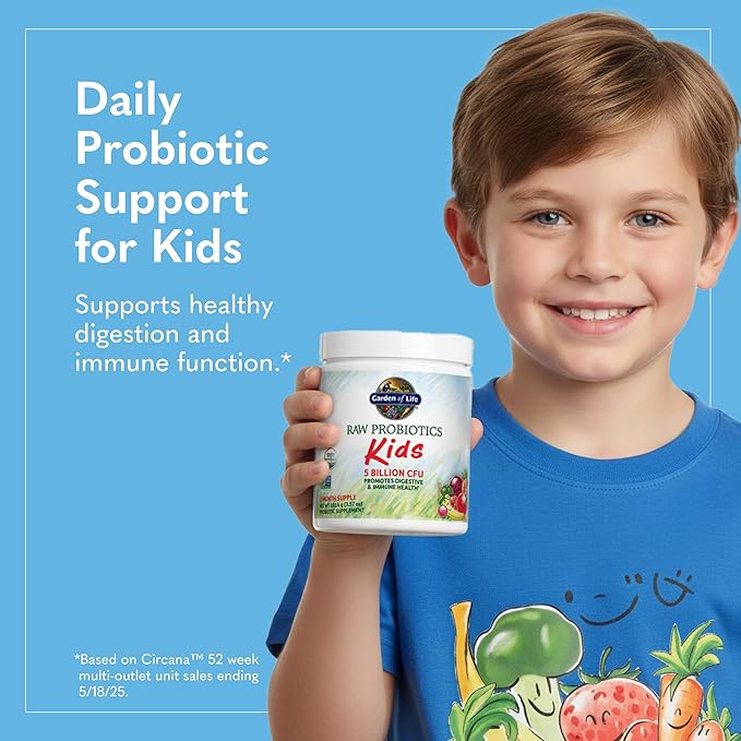 Garden of Life Raw Probiotics Kids - 5 Billion CFU - Whole Food Probiotic for Gut Health & Immune Support - for Children Ages 1 Year & Older - 60 Servings