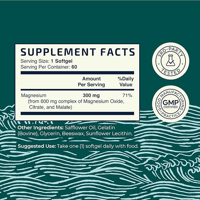 Triple Magnesium Softgels | Citrate, Malate, & Oxide | Highly Absorbable Magnesium Supplement for Digestion, Calm, Leg Cramps, & Sleep Support | 300mg Complex | Easy to Swallow Soft Gels | 60 Count
