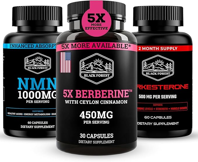 Black Forest NMN 1000mg Turkesterone 500mg and 5X Berberine Wellness Performance Bundle for Energy Strength Metabolic Support