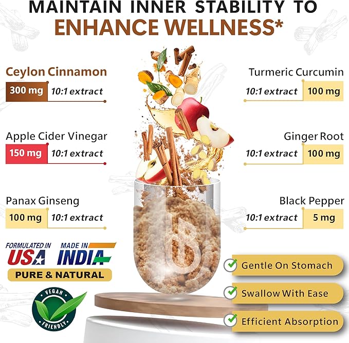 Herbpy 6in1 Premium Ceylon Cinnamon Supplement Plus Apple Cider Vinegar, Turmeric, Ginger, Ginseng - Weight Management, Digestion - 100 Vegan Capsules