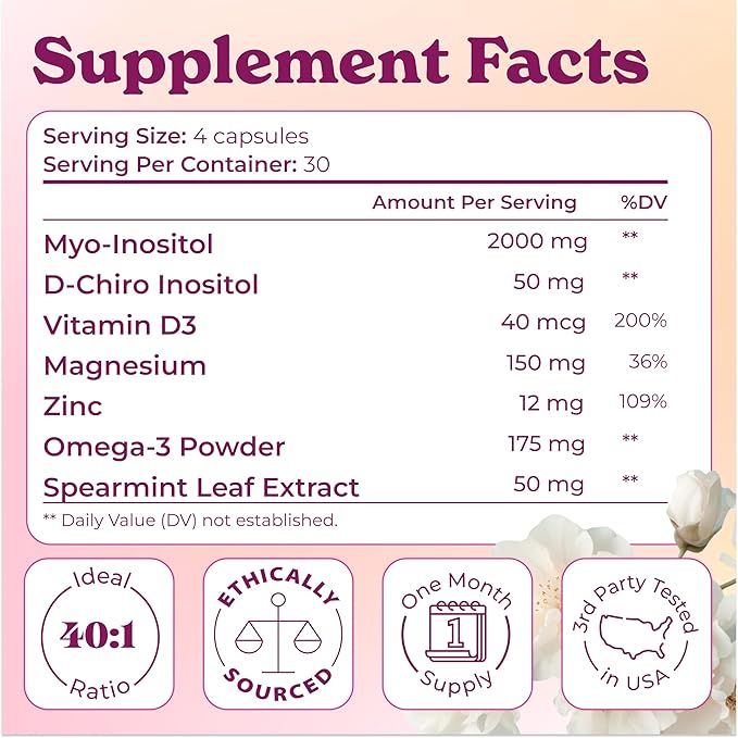 Myo-Inositol & D-Chiro Inositol 2000mg Per Serving for Women - Inositol 40:1 Formula with Spearmint, Vitamin D3, Zinc & Magnesium - Hormone Balance for Women, Ovarian Support - 120 Capsules - 3Packs