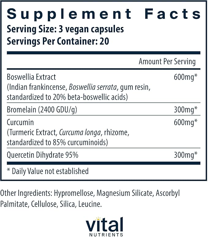 Vital Nutrients BCQ - Vegan Boswellia, Bromelain, Curcumin & Quercetin Supplement - Joint Support Supplement - Supports Sinus & Digestive Health - Gluten, Dairy, Soy Free - 60 Capsules