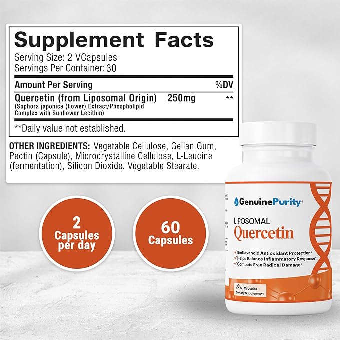 250mg Liposomal Quercetin Supplements - 60 Vegan Capsules to Support Antioxidant Defense, Cellular Health & Immune System - Quercetin Capsules Perfect for Healthy Aging and Vitality
