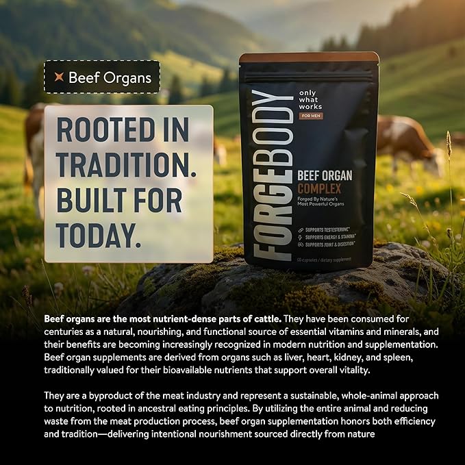 FORGEBODY® Beef Organ Complex Capsules [1 Month] - 100% Grass Fed Beef Organ Supplement with Blend of Liver, Heart, Bone Marrow, Pancreas & Testicles - Supports Body Health & Brain Function (Non-GMO)