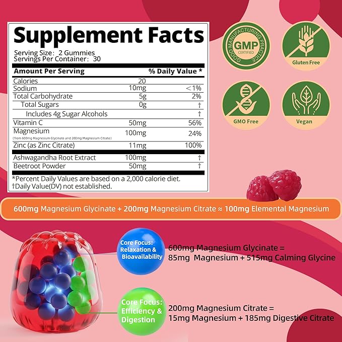 Magnesium Glycinate Gummies, Sugar Free Magnesium Supplement w/Ashwagandha, Zinc, Vegan Magnesium Glycinate Supplement for Adults - 60 Cherry Gummies