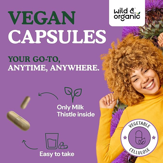 Wild & Organic Milk Thistle Capsules 1000mg - Liver Support Supplement - Silymarin Milk Thistle Powder for Liver Cleanse - 60 Vegan Capsules - 1-Month Supply - No Fillers, Non-GMO