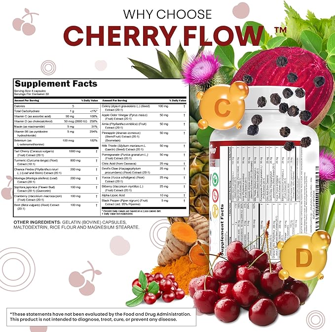 Cherry Flow Tart Cherry Capsules Uric Acid Support Celery Seed Turmeric Chanca Piedra Vitamin D Vitamin B6 Niacin Milk Thistle Moringa Extract Pomegranate Beets 90 Count By Clean Nutra