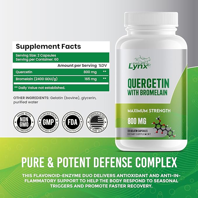 Leaping Lynx Quercetin with Bromelain – 800mg Quercetin + 165mg Bromelain | 120 Capsules (60-Day Supply) | Immune, Respiratory, and Seasonal Allergy Support | Antioxidant & Recovery Complex | Non-GMO
