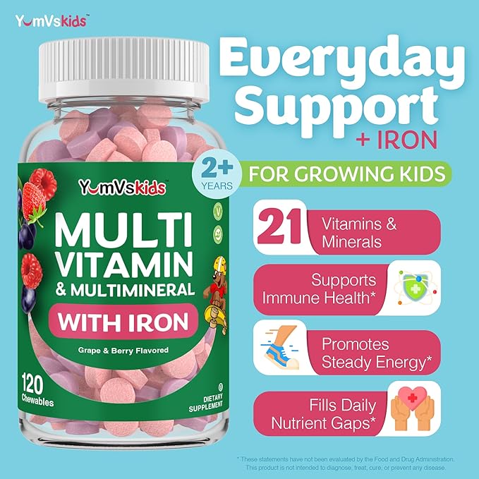 YumVs Kids Multivitamin with Iron & Minerals Chewable Tablets – Grape & Berry Flavor Vitamins for Toddlers & Children Age 2+ – Daily Multivitamin for Immune Support – Kosher, Non-GMO – 120 Chewables