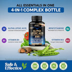 Alpha Lipoic Acid 600mg - ALA Supplement Antioxidant for Nerve, Energy & Metabolism Support - Extra Strength with Benfotiamine, B1 & B12 - Lab Tested, NON-GMO & Vegan - 240 Capsules, 4 Month Supply