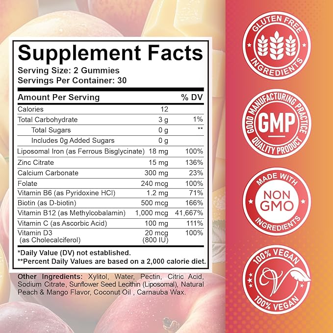 Iron Supplement Gummies for Adults & Kids - with Calcium, Zinc, Folate & Multivitamin - Blood Builder & Energy Support & Immune Health for Iron Deficiency, Anemia, Vegan -Peach & Mango Flavor 60 Count