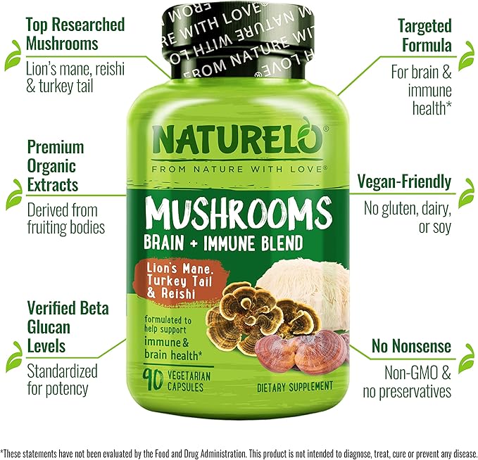 NATURELO Mushroom Supplement Capsules, 90 Ct, Brain & Immune Support, Vegan-Friendly, Lions Mane Supplement Capsules, Lion’s Mane, Reishi, Turkey Tail Blend