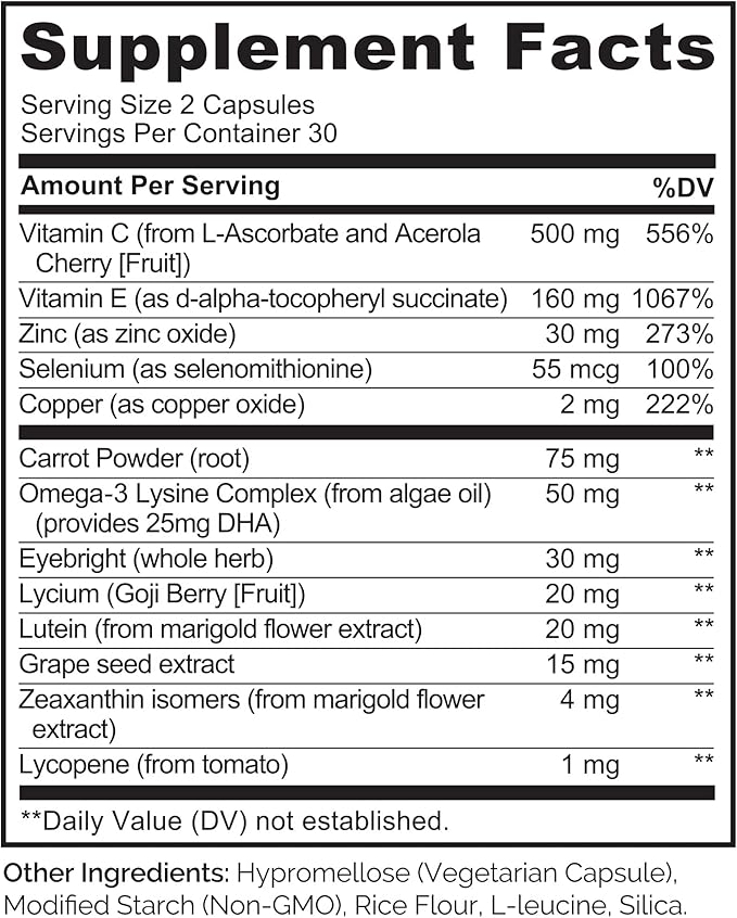 NATURELO Eye Vitamins - AREDS 2 Formula Nutrients with Lutein, Zeaxanthin, Vitamin C, E, Zinc, Plus DHA - Supplement for Dry Eyes, Healthy Vision, Eye Support - 60 Vegan Capsules (Pack of 2)