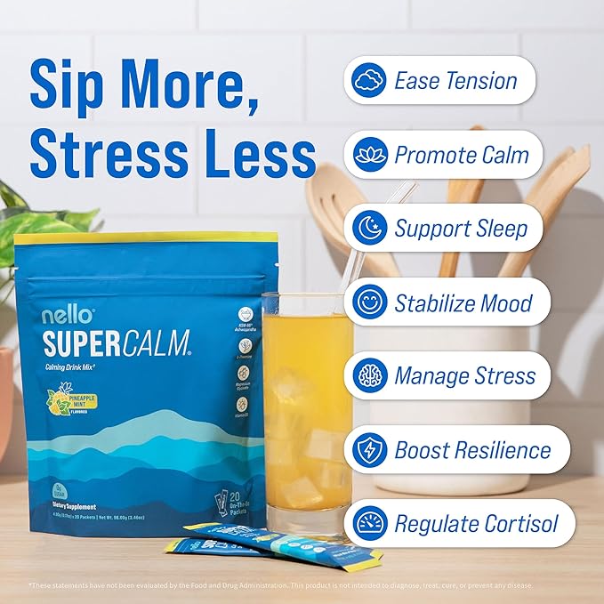 Nello Supercalm Powdered Drink Mix, Cortisol Reducer* and Sleep Aid Supplement, L Theanine, Ksm-66 Ashwagandha, Magnesium Glycinate, Vitamin D 3, No Sugar, Non GMO, On The Go, 20 Ct, Pineapple Mint