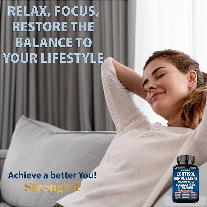 StrongVit Cortisol Supplements for Women and Men with Magnesium, Ashwagandha & L-Theanine. High Cortisol Reducer, Manager, Detox, Lower and Control. Sleep Support & Stress Relief, USA