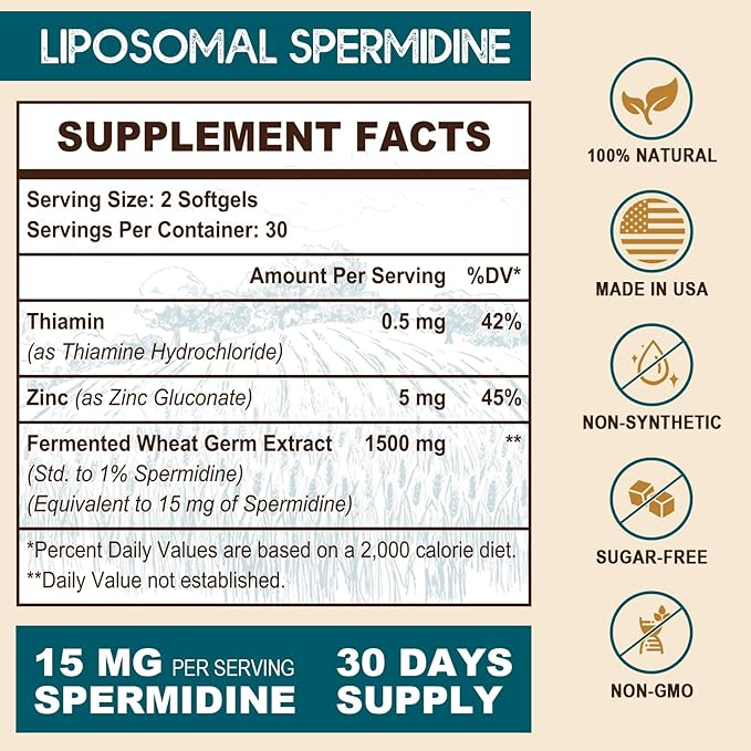 Spermidine Supplement 15 MG - 99% Purity, High Absorption, 1500 MG Fermented Wheat Germ Extract with Zinc & Thiamin, Spermidine for Men & Women - Cellular Renewal, Aging Defense, Energy, 60 Softgels