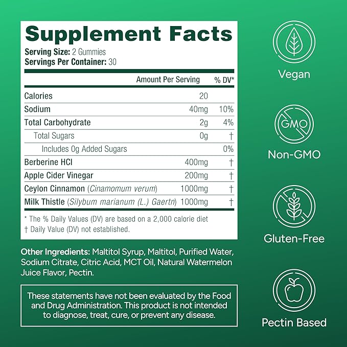 GLP-1 Support Supplement, Sugar-Free Berberine Complex Gummies with Ceylon Cinnamon, Milk Thistle, and ACV [AMPK Metabolic Activator] Berberine Supplement for Weight Loss & Appetite Support