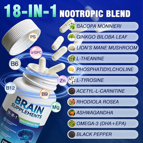 18-in-1 Brain Supplement for Memory and Focus – 120 Nootropic Capsules (2-Month Supply) with Alpha GPC, Bacopa, Ginkgo Biloba, Lion's Mane | Cognitive Health, Mental Clarity | Vegan, Non-GMO