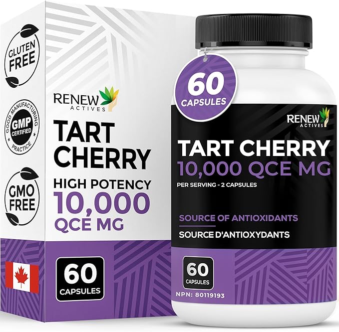 Renew Actives Tart Cherry Extra 500mg per 2 Capsules – High-Potency Antioxidant for Free Radical Protection & Wellness – 60 Easy-to-Swallow Capsules – Made in Canada