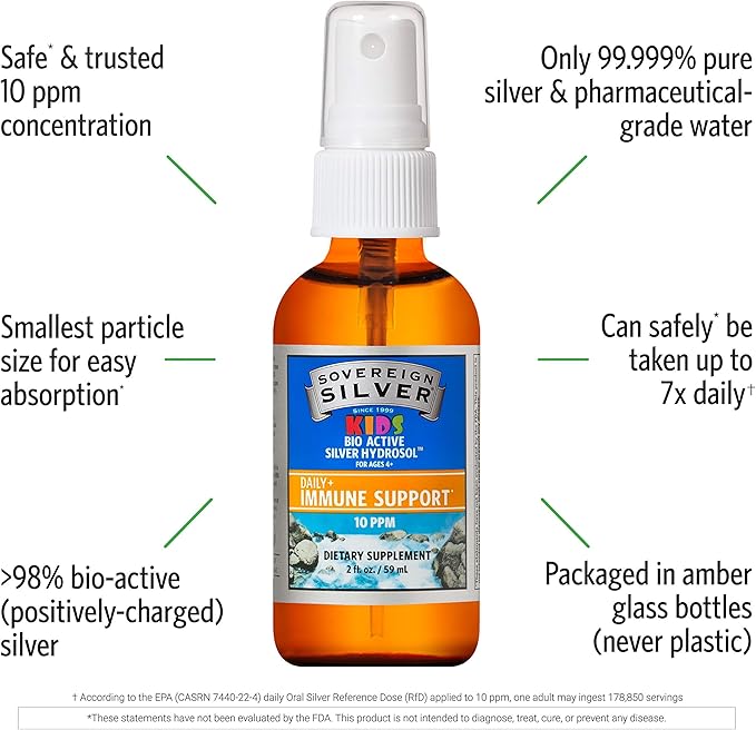Sovereign Silver Kids Immune Support, Colloidal Silver, Bio-Active Silver Hydrosol,10 ppm, Fine Mist Spray, 2 Fl Oz