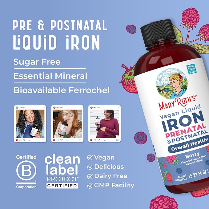 MaryRuth’s Prenatal Postnatal Iron Liquid | Iron Supplement for Prenatal & Postnatal | with Ferrochel | Red Blood Cell Production | Sugar Free | Vegan | Non-GMO | Gluten Free | 15.22 Fl Oz