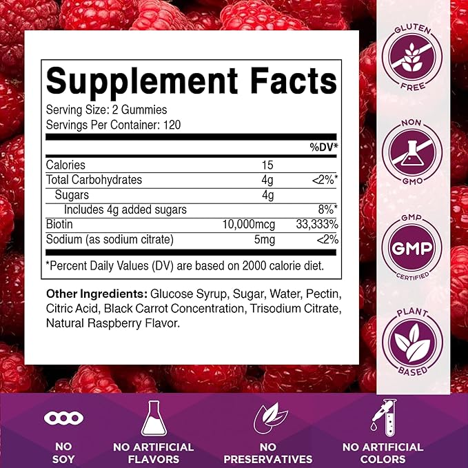 Vitamatic Biotin Gummies 10,000 mcg for Stronger Hair, Skin & Nails - 240 Vegan Gummies - Also Called Vitamin B7