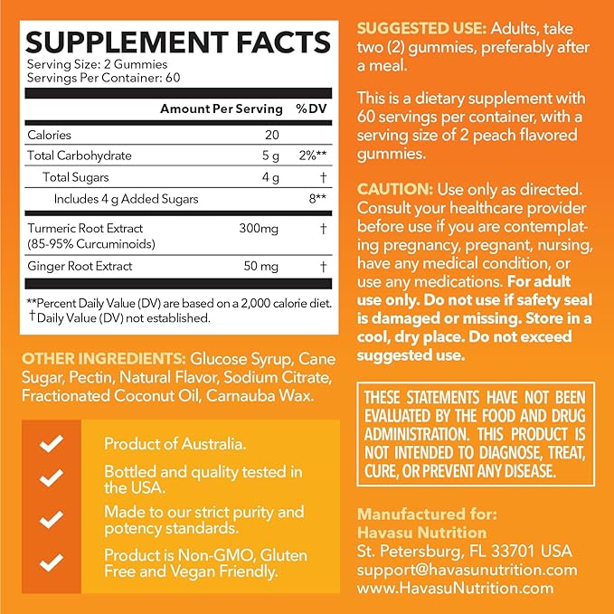 Turmeric Gummies with Ginger Root Extract - Digestive Health and Immune Support Supplement for Overall Wellness - 120 Count - Vegan, Non-GMO Curcumin Vitamin - Peach Flavor, 2 Month Supply