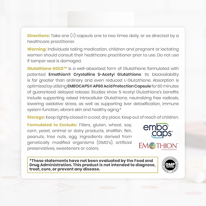 Pure Therapro Rx S-Acetyl Glutathione Gold 300mg PER Capsule - 60 Capsules | Extra-Strength | Patented Acetylated Form of Glutathione (EMOTHION) from Italy | Pharmaceutical Grade | Zero Fillers