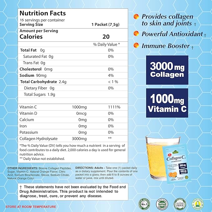 ALFA VITAMINS Collagen C Peptides Hydrolysate Powder Supplement, Vitamin C 1000mg, Gluten Free Hydrolyzed Collagen for Skin, Hair, Nails, Joint & Bone Support, Antioxidant, 30 Sachets per Box, 4 Pack