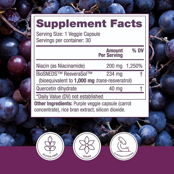Reserveage NAD Resveratrol Plus+ - Antioxidant Support for Brain Health, Heart Health, Cellular Energy & More - 30 Veggie Capsules (30 Servings)