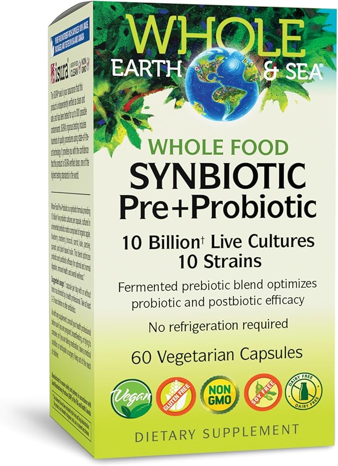 Natural Factors Whole Food Synbiotic Pre+Probiotic 10 Billion - Organic Gut & Digestive Health Supplement - Non-GMO, Gluten-Free & Dairy-Free - 60 Vegetarian Capsules (60 Servings)