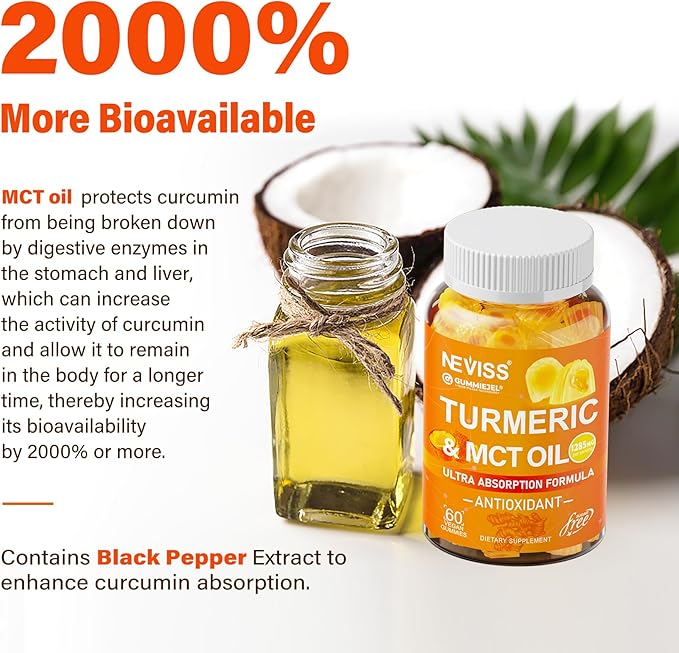 Turmeric Gummies 1000mg w/MCT Oil C8 C10, Organic Antioxidant, Turmeric Curcumin Supplement with Black Pepper Extract, Support Comfort, Boost Energy, Ultra Absorption, Sugar Free, 120Cts