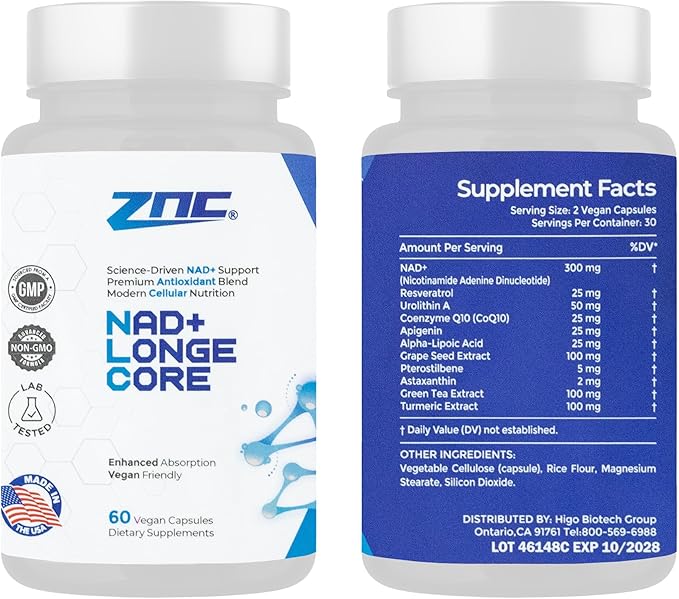 ZNC®10-in-1 NAD+ Supplement with Liposomal NAD, Urolithin A & Resveratrol for Energy & Cellular Repair - 60 Vegan Capsules