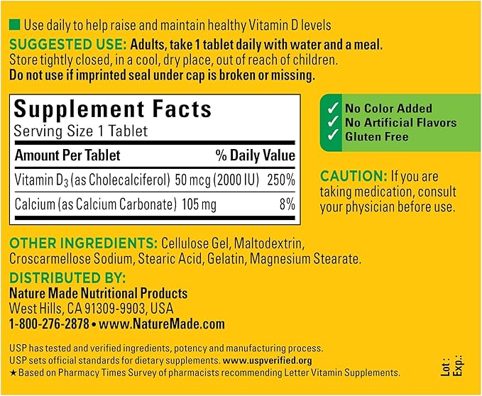 Vitamin D3, 220 Tablets, Vitamin D 2000 IU (50 mcg) Helps Support Immune Health, Strong Bones and Teeth, & Muscle Function, 250% of Daily Value for Vitamin D in One Daily Tablet