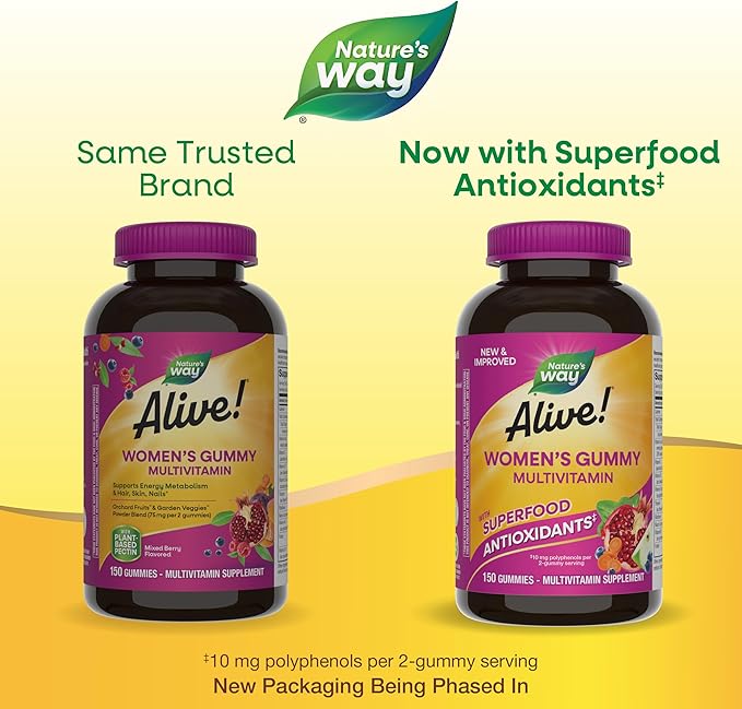 Nature's Way Alive! Women's Daily Gummy Multivitamins,16 Vitamins & Minerals,Energy Metabolism*,Hair Skin & Nails*,Vegetarian,Mixed Berry Flavored,150 Gummies (Packaging May Vary),(Pack of 2)