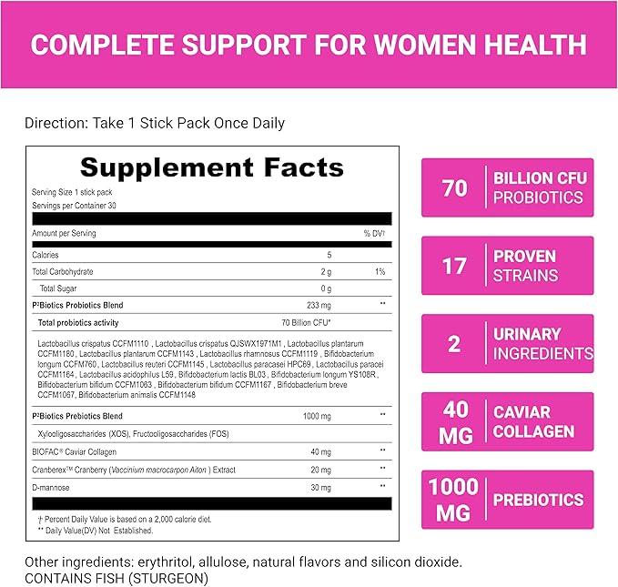 UpNourish Probiotics, Caviar Collagen with Prebiotics for Women's Digestive, Skin Radiance, and Feminine Health with Cranberry Extract & D-Mannose, 30 Fast-melt Packets