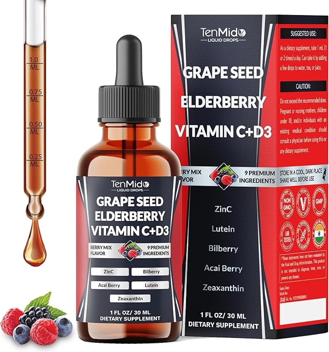 9in1 Grape Seed Extract Liquid Drops with Elderberry, Bilberry, Acai Berry, Lutein, Zeaxanthin, and More - Antioxidant & Immune System Support - 30ml 1 Fl Oz