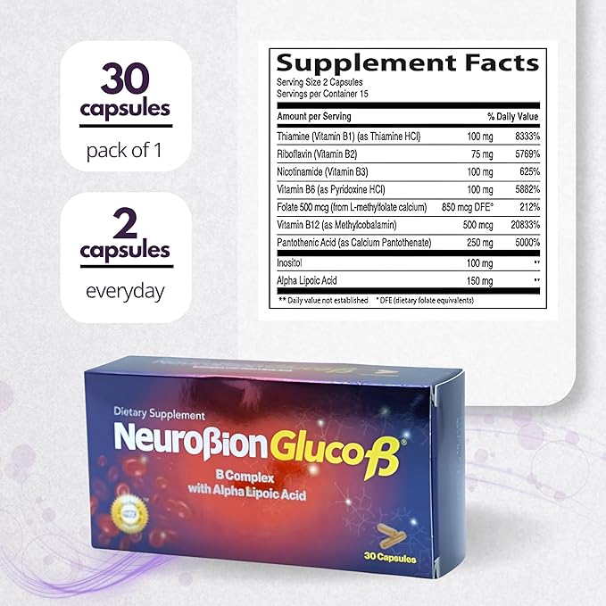 Neurobion Gluco B con Acido Alfa Lipoico Dietary Supplement B Complex with Alpha Lipoic Acid, Complejo B 30 Capsule