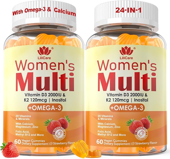 Womens Multivitamin Gummy with Omega 3（DHA/EPA), Vitamin D3 K2, Calcium, Inositol, Daily Womens Vitamin A C E B Complex, L-MethylFolate, Methyl B12,Sugar Free Methylated Multivitamins Minerals, 120Cts