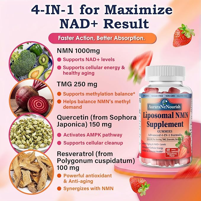 NMN Supplement 1000mg Pure, 4-in-1 Liposomal NMN Resveratrol Supplement Gummies w.Quercetin & TMG, Nicotinamide Mononucleotide NAD+ Precursor for NAD+ Levels, Cellular Energy & Healthy Aging, 60 Count