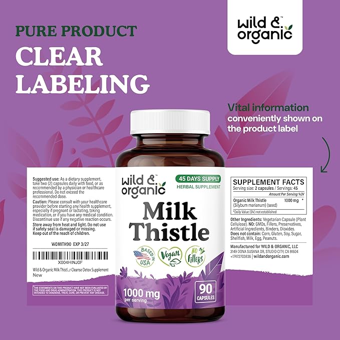 Wild & Organic Milk Thistle Capsules 1000mg - Liver Detox Supplements - Silymarin Milk Thistle Powder for Liver Cleanse - 90 Vegan Capsules - 45-Days Supply - No Fillers, Non-GMO