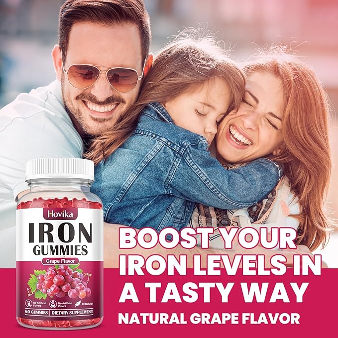 Iron Gummies Supplement for Women & Men, Iron Supplements for Anemia with Vitamin C, B12, Folate-Blood Builder & Energy Support for Iron Deficiency-Grape Flavor, Vegan, 60 Gummies