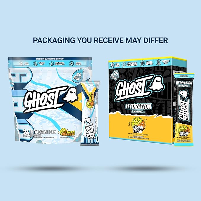 GHOST Hydration Sticks, Electrolyte Powder Packets, Lemon Crush - 24 Sugar Free Instant Electrolyte Drink Mix - Caffeine-Free Daily Hydration & Immune Support with Clean Formula