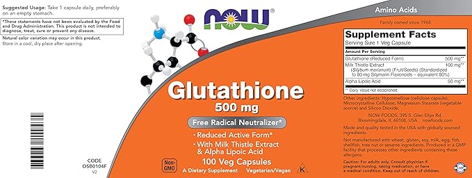 Now Glutathione 500 mg, 100 Vegan Capsules (Pack of 2) - Reduced Form GSH Supplement - Enhanced with Milk Thistle Extract and Alpha Lipoic Acid