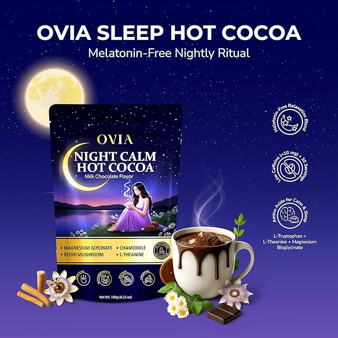 OVIA Night Calm – Melatonin-Free Magnesium Mushroom Hot Cocoa for Sleep – Nighttime Hot Chocolate with L-Tryptophan, L-Theanine & Reishi – Relaxation, Stress & Cortisol Support | 30 Servings