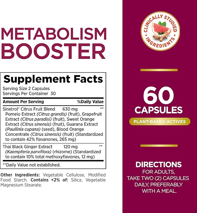 Nature's Bounty Optimal Solutions Metabolism Booster Supplement, Boosts Fat Metabolism, Promotes Abdominal Fat Loss, with Citrus Extracts and Black Ginger, 60 Capsules (Pack of 2)