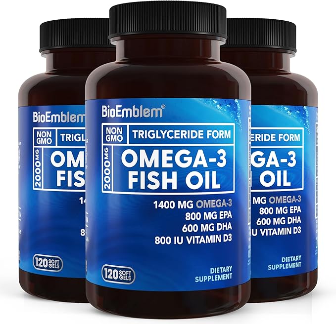 BioEmblem Omega-3 Fish Oil 2000mg - Small Size Softgels, High Absorption Form, Sustainable - 1400mg EPA &DHA Plus Vitamin D3, Non-GMO, Heart, Joint, & Brain Health Fish Oil Supplement, 360 Ct